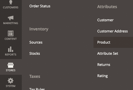magento 2 menu stores product attributes