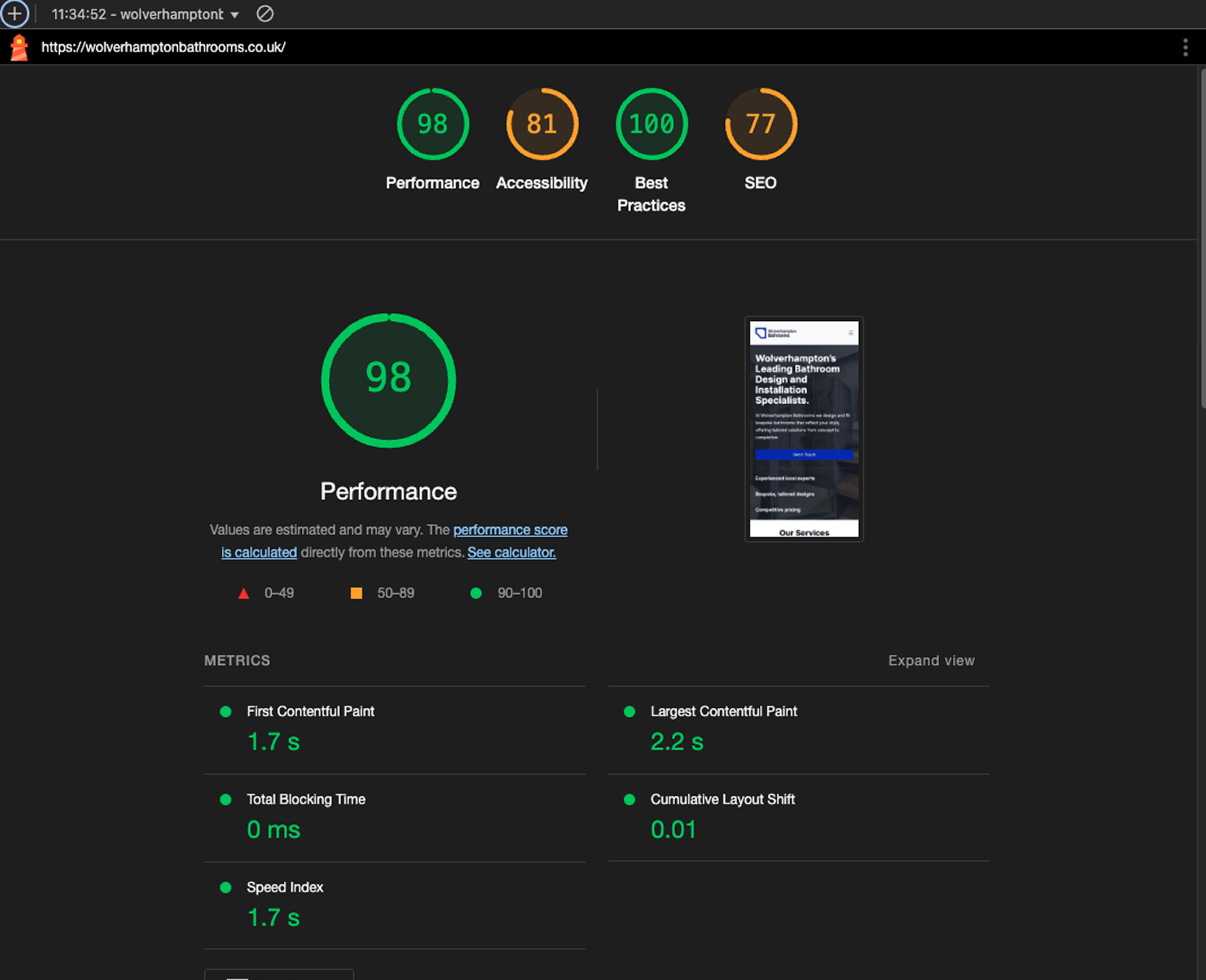 Example (screenshot) of website speed for 'Wolverhampton Bathrooms'. 